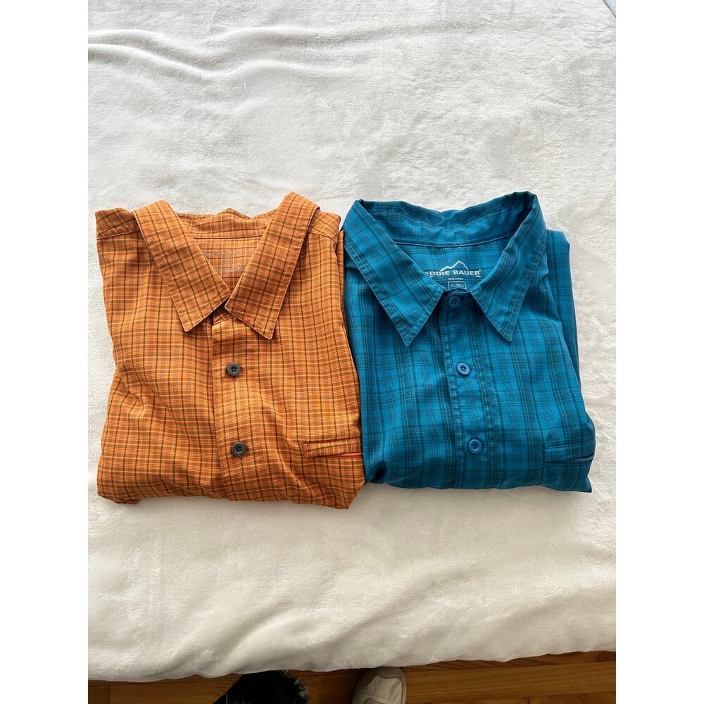 Men's Eddie Bauer Lightweight Quick Dry Button Down Shirts Blue Orange Plaid XLT